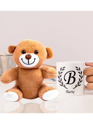 Kişiye Özel 25CM Peluş Ayıcık ve Baş Harf ve Isimli Tasarımlı Beyaz Kupa