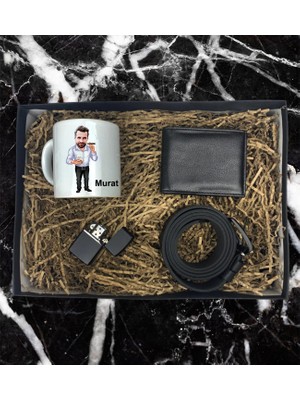 Kişiye Özel Erkek Karikatür Tasarımlı Kupa Bardak Cüzdan Kemer Çakmak Özel Hediye Seti