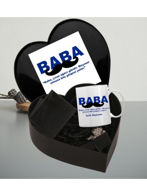 Babalar Gününe Özel Baba Tasarımlı Kupa Bardak Erkek Cüzdan Kemer Çakmak Kalp Kutu (Siyah-Lacivert)