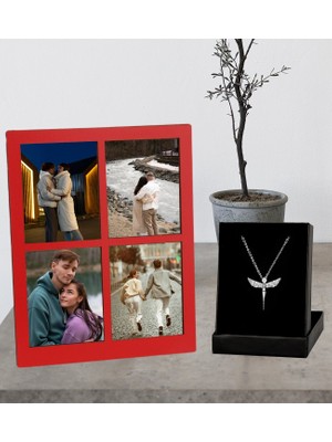 Kişiye Özel 4 Fotoğraflı Kolaj Ahşap Çerçeve ve Melek Kolye Set