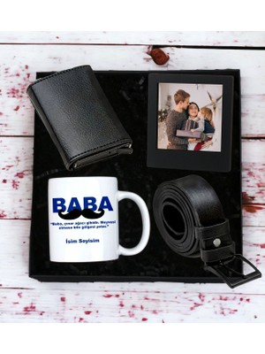 Kişiye Özel Baba Tasarımlı Kupa Bardak Erkek  Mekanizmalı Cüzdan Kemer Ahşap Mdf Siyah Çerçeve (Siyah)