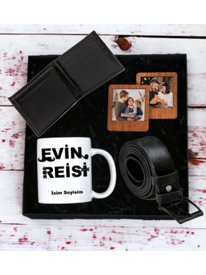 Kişiye Özel Evin Reisi Tasarımlı Kupa Bardak Erkek Cüzdan Kemer 2'li Ahşap Mdf Kahverengi Çerçeve