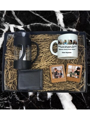Kişiye Özel 4 Fotoğraf Resim Tasarımlı Kupa Bardak Erkek Cüzdanı French Press 2'li Ahşap Mdf Kahverengi Çerçeve Özel Hediye Seti