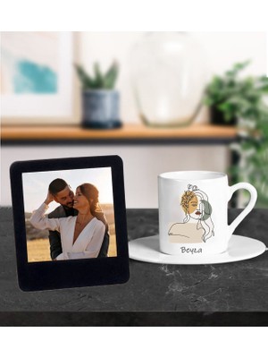 Kişiye Özel Isim Tasarımlı Türk Kahve Fincanı ve Resimli Siyah Çerçeve