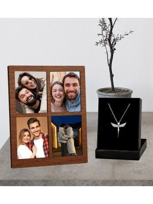 Kişiye Özel 4 Fotoğraflı Kolaj Ahşap Çerçeve ve Melek Kolye Set