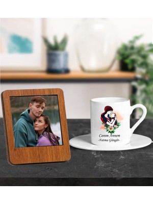 Kişiye Özel Canım Annem ve Isim Tasarımlı Türk Kahve Fincanı ve Resimli Ahşap Kahve Çerçeve