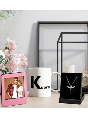 Kişiye Özel Isim Tasarımlı Kupa Bardak ve Resimli Pembe Çerçeve Melek Figürlü Kolye
