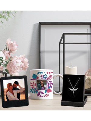 Kişiye Özel Resimli Fotoğraf Tasarımlı Kupa Bardak ve Resimli Siyah Çerçeve Melek Figürlü Kolye