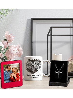 Kişiye Özel Burç Tasarımı ve Isim Soyisim Tasarımlı Kupa Bardak ve Resimli Kırmızı Çerçeve Melek Figürlü Kolye