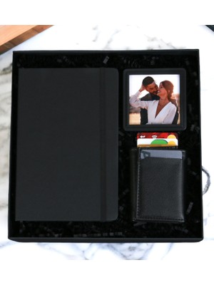 Kişiye Özel Mermer Desenli Defter & Siyah Erkek Mekanizmalı Cüzdan Fotoğraflı Çerçeve Erkek Set (Siyah)
