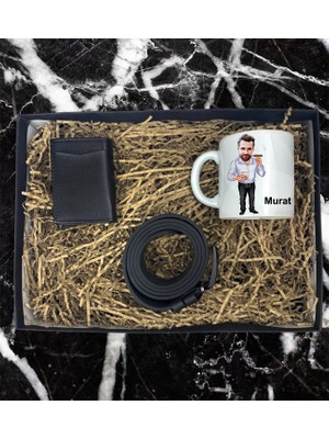 Kişiye Özel Karikatür Tasarımlı Kupa Bardak Mekanizmalı Cüzdan Kemer Özel Hediye Seti