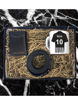 Kişiye Özel Premium Siyah Beyaz Taraftar Forma Tasarımlı Kupa Bardak Mekanizmalı Cüzdan Kemer Özel Hediye Seti