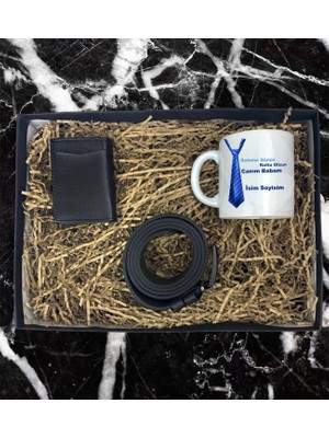 Kişiye Özel Canım Babam Isim Soyisim Tasarımlı Kupa Bardak Mekanizmalı Cüzdan Kemer Özel Hediye Seti (Siyah-Mavi)