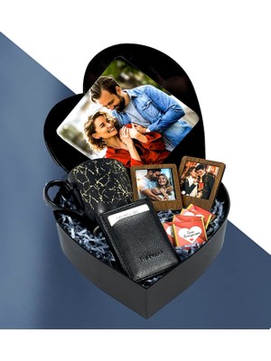 Kişiye Özel Fotoğraflı Yeni Kalp Kutu Tasarımlı Kupa Cüzdan Çikolata ve 2'li Çerçeveli Set