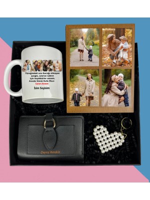 Anneler Gününe Özel 4 Fotoğraflı Ahşap Masaüstü Çerçeve Kupa Bardak Bayan Cüzdan Inci Anahtarlık