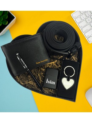 Kişiye Özel Premium Kalp Kutu Cüzdan Kemer Metal Lüx Kalp Anahtarlık Zippo Metal Çakmak Touch Pen Metal Kalem Hediye Set