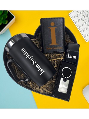 Kişiye Özel Premium Kalp Kutu Termos Kulplu Bardak Metal Mekanizmalı Cüzdan Lüx Anahtarlık Zippo Metal Çakmak Hediye Set