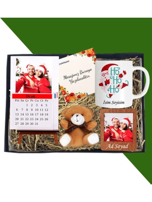 Kişiye Özel Dikey Renkli Masaüstü Her Ay Için Özel 12 Fotoğraflı Masa Takvim ve Kupa Bardak Peluş Ayıcık Ahşap Çerçeve