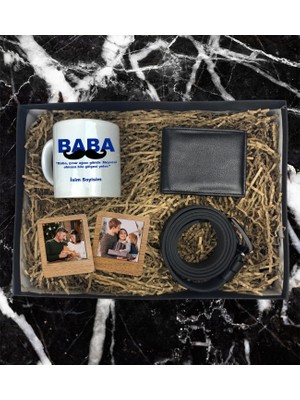 Kişiye Özel Baba Tasarımlı Kupa Bardak Erkek Cüzdan Kemer 2'li Ahşap Mdf Kahverengi Çerçeve Özel Hediye Seti (Siyah-Siyah)