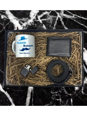 Kişiye Özel Baba Tasarımlı Kupa Bardak Erkek Cüzdan Kemer Çakmak Özel Hediye Seti (Siyah)