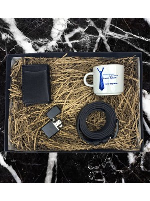 Kişiye Özel Babam Tasarımlı Nescafe Fincanı Mekanizmalı Cüzdan Kemer Çakmak Özel Hediye Seti (Siyah-Lacivert)