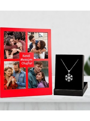 Kişiye Özel 4 Fotoğraflı Kendi Mesajını Oluştur Kırmızı Renk Kolaj Masaüstü Çerçeve ve Gümüş Kaplama Kartanesi Kolye