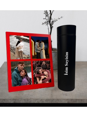 Kişiye Özel Premium  Termos Bardak ve Fotoğraflı Dört Resimli Siyah Kolaj Masaüstü Fotoğraf Kırmızı Çerçeve