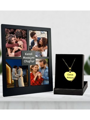 Kişiye Özel 4 Fotoğraflı Mesajını Oluştur Siyah Renk Kolaj Masaüstü Çerçeve ve Gümüş Kaplama Kolye