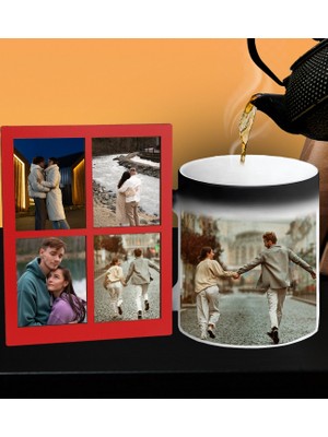 Kişiye Özel Premium Resimli Sihirli Kupa ve Fotoğraflı Dört Resimli Kolaj Masaüstü Fotoğraf Kırmızı Çerçeve