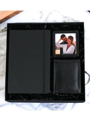Kişiye Özel Mermer Desenli Defter & Siyah Erkek Cüzdan Siyah Fotoğraflı Çerçeve Özel Erkek Hediye Seti (Siyah)
