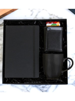 Kupa Bardak Siyah Özel Mekanizmalı Cüzdan Defter Erkek Hediye Seti (Siyah)