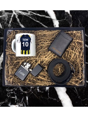 Sarı Lacivert Premium Taraftar Forma Tasarımlı Kupa Bardak Mekanizmalı Cüzdan Kemer Çakmak Özel Hediye Set