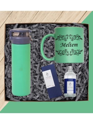 Kişiye Özel Yeşil Renk Isimli Kupa Bardak Yeşil Renk Suluk ve Kolonya Seti