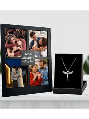 Kişiye Özel 4 Fotoğraflı Mesajını Oluştur Siyah Renk Kolaj Masaüstü Çerçeve ve Gümüş Kaplama Kolye