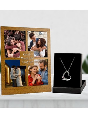 Kişiye Özel 4 Fotoğraflı Kendi Mesajını Oluştur Kolaj Ahşap Renk Masaüstü Çerçeve ve Gümüş Kaplama Kolye