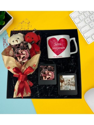 Kişiye Özel Premium Fotoğraflı Resimli Ayıcık Buketi Resimli Çay ve Nescafe Fincanı Ahşap Siyah Masaüstü Çerçeve