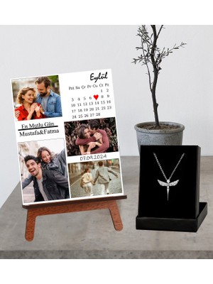 Kişiye Özel Masaüstü 4 Fotoğraflı  Anı Fotoğrafı Takvim Tarih ve Isim  Tasarımlı Şövale ve Melek Figürlü Kolye