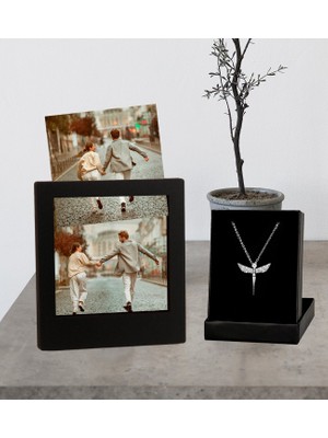 Kişiye Özel 4 Polaroid Fotoğraf Albümü Fotoğraflı Ahşap Çerçeve ve Melek Kolye
