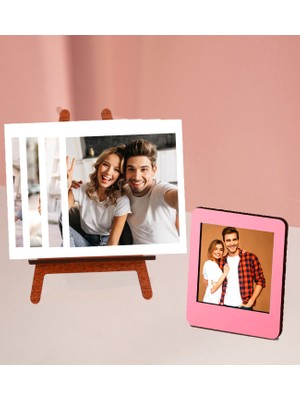 Kişiye Özel 4 Polokart Fotoğraflı Şövale ve Pembe Ahşap Mdf Çerçeve