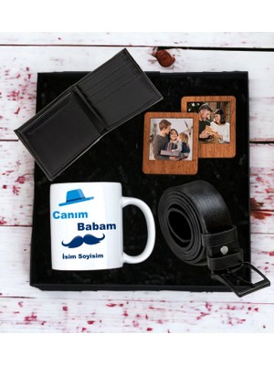 Kişiye Özel Baba Tasarımlı Kupa Bardak Erkek Cüzdan Kemer 2'li Ahşap Mdf Kahverengi Çerçeve (Siyah-Siyah)