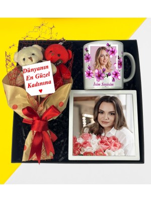 Premium Ikili Ayıcık Buketi Resimli Kupa Bardak Sök-Tak Duvar Çerçevesi