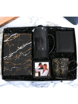 Kişiye Özel Hediye Seti Defter & Kupa Bardak Siyah French Press Çerçeve ve Erkek Cüzdan (Siyah-Sarı)