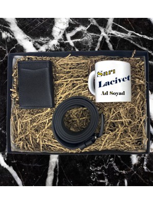 Kişiye Özel Sarı Lacivert Taraftar Tasarımlı Kupa Bardak Mekanizmalı Cüzdan Kemer Özel Hediye Seti