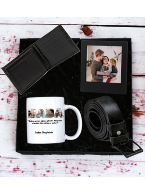 Kişiye Özel 4 Fotoğraf Tasarımlı Kupa Bardak Erkek  Cüzdan Kemer Mdf Siyah Çerçeve