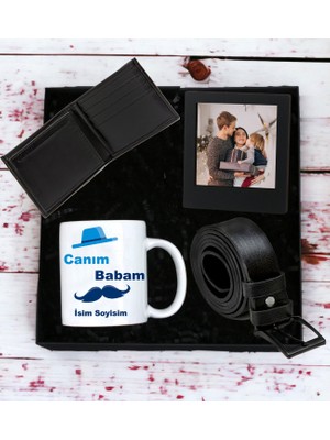 Kişiye Özel Baba Tasarımlı Kupa Bardak Erkek Cüzdan Kemer Siyah Mdf Çerçeve Özel Hediye Seti (Siyah-Siyah)
