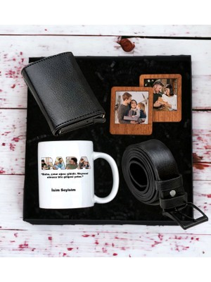 Kişiye Özel 4 Fotoğraf Tasarımlı Kupa Bardak Erkek  Mekanizmalı Cüzdan Kemer 2'li Ahşap Mdf Kahverengi Çerçeve