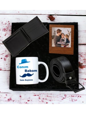 Kişiyeözel Canım Babam Tasarımlı Kupa Bardak Erkek  Cüzdan Kemer  Ahşap Mdf Kahverengi Çerçeve (Siyah)