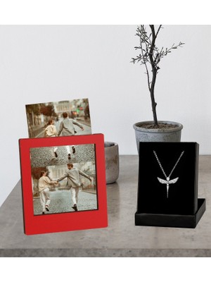 Kişiye Özel 4 Polaroid Fotoğraf Albümü Fotoğraflı Ahşap Çerçeve ve Melek Kolye