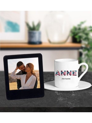 Kişiye Özel Anne ve Isim Tasarımlı Türk Kahve Fincanı ve Resimli Siyah Çerçeve