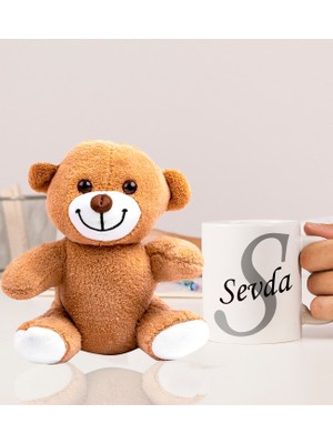 Kişiye Özel 25CM Peluş Ayıcık ve Baş Harf ve Isimli Tasarımlı Beyaz Kupa